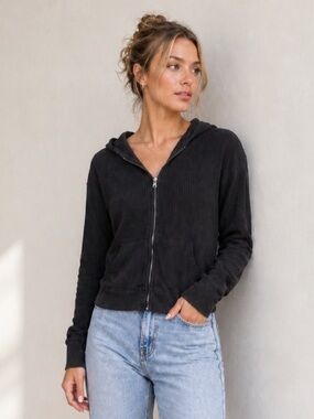Roots Waffle Knit Zip-Up Hoodie - Black - fits as a Womens XS, YOUTH XL
